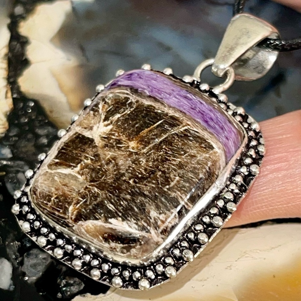 Purple Brown Charoite Crystal Pendant 1 7/8”